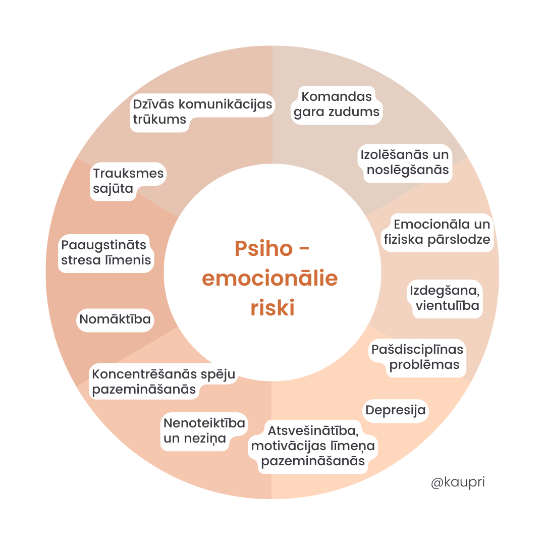Psihoemocionālie riski: Komandas gara zudums; Izolēšanās un noslēgšanās; Emocionāla un fiziska pārslodze; Izdegšana, vientulība; Pašdisciplīnas problēmas; Depresija; Atsvešinātība, motivācijas līmeņa pazemināšanās; Nenoteiktība un neziņa; Koncentrēšanās spēju pazemināšanās; Nomāktība; Paaugstināts stresa līmenis; Trauksmes sajūta; Dzīvās komunikācijas trūkums.